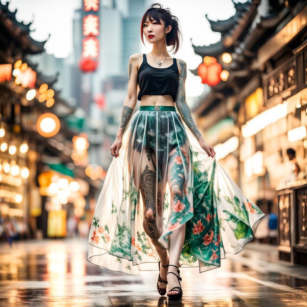 Dragon Girl with Tattooed Legs in Transparent Skirt
