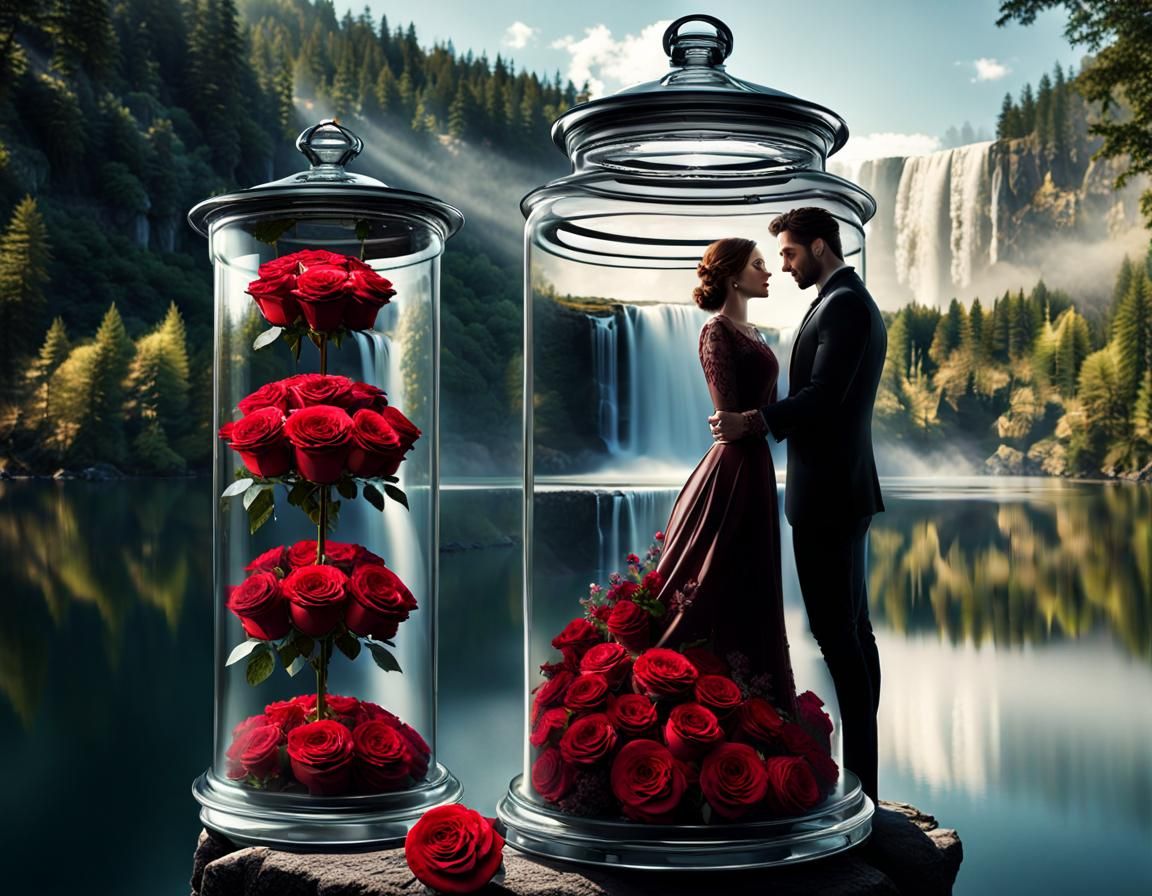 (Roses), (chocolate candy) in a glass jar, a handsome man, a...