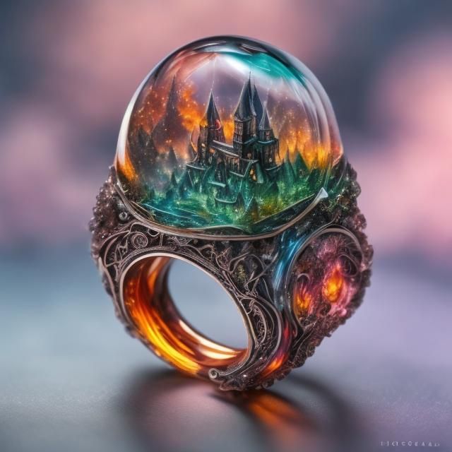 <lora:Rings-sd1_5:1.0> Amazing Macro shot of Resin Nocturnal_fantasy_landscape ring by Hasselblad X2D 100C, insanely detailed render of (mis...