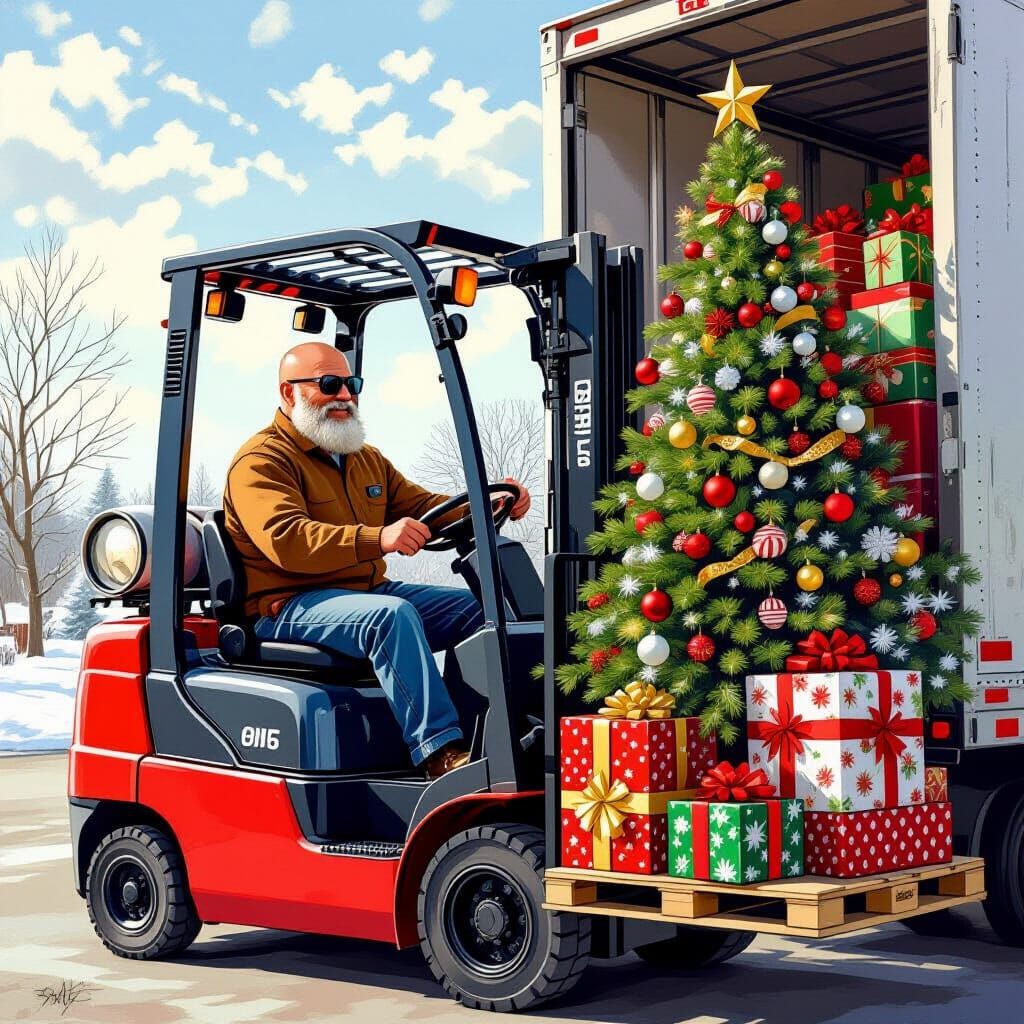 A cheerful bald man with a gray beard and dark sunglasses, operating an electric forklift while unloading a truck filled with Christmas gift...