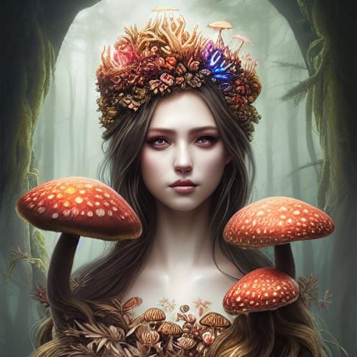 Artgerm, Wlop, Greg Rutkowski; Beautiful highly detailed Fungi Goddess with colorful mushrooms Dress, ... undefined