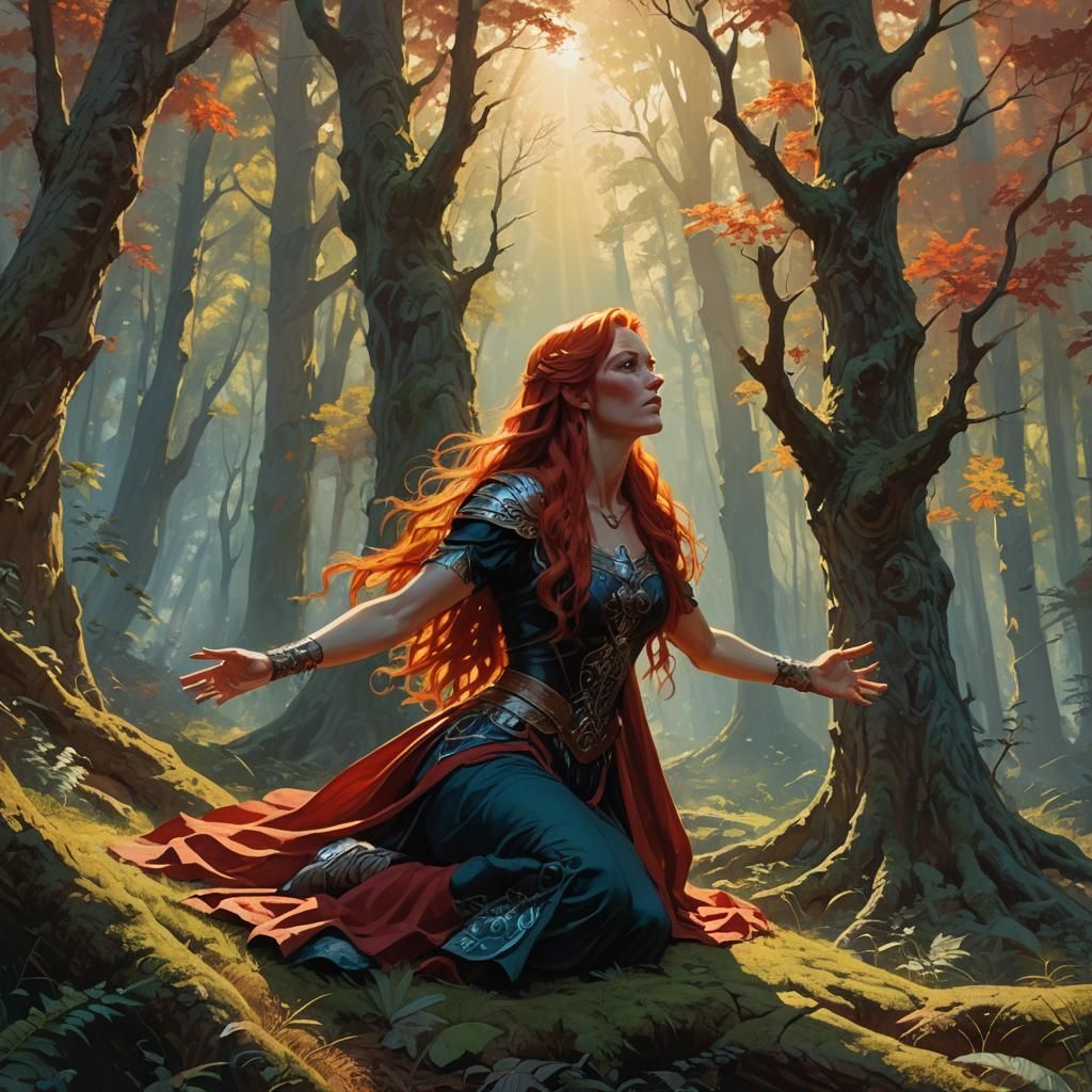 At the edge of a forest, a  long red  haired female , blue e...