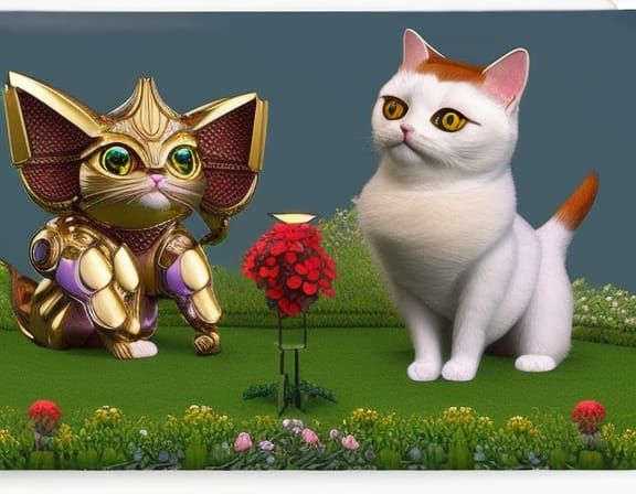 cute cat-robot pet on stargazing platform with rotating sphe...