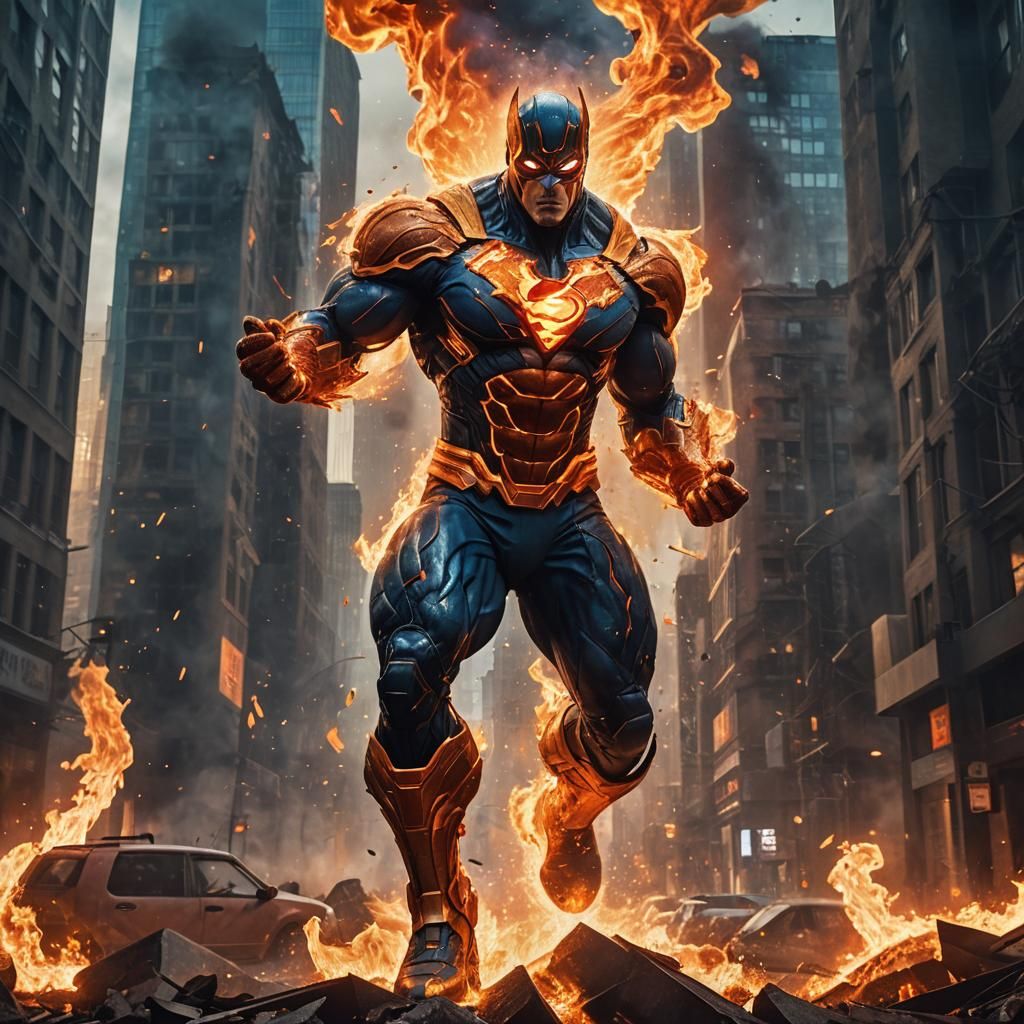 Superhero Punches Inferno in Burning Cityscape