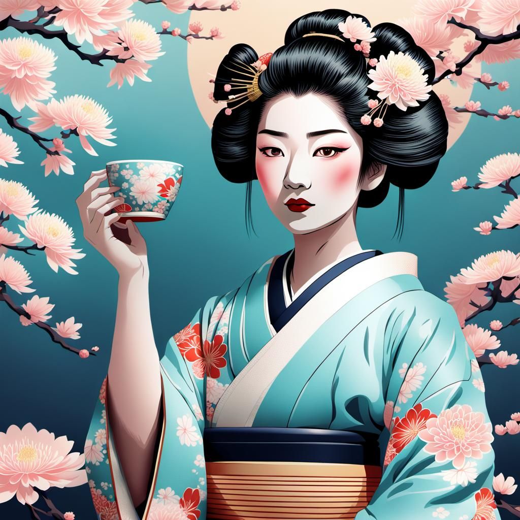 geisha in a resplendent, hand-painted kimono adorned with de...