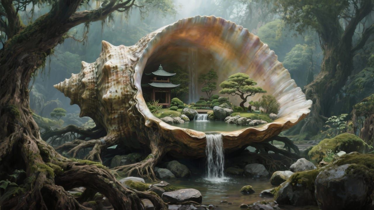 hidden garden in a colossal, ancient mollusk 