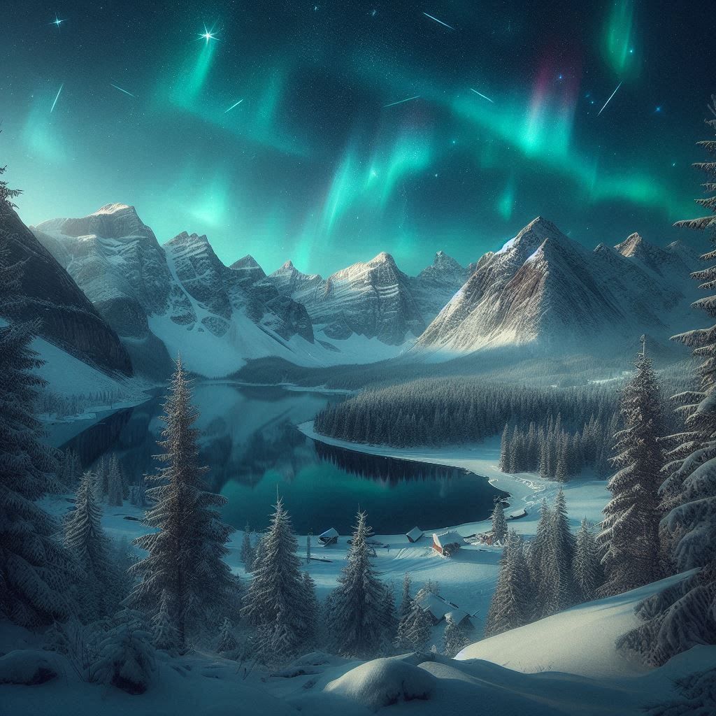 Winter in the Mountains with Nothern Lights