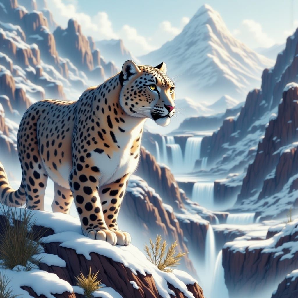 Magnificent snow leopard in close up, with a rocky snowscape in the background, with beautiful rivers and valleys, waterfalls, mist <lora:Ea...