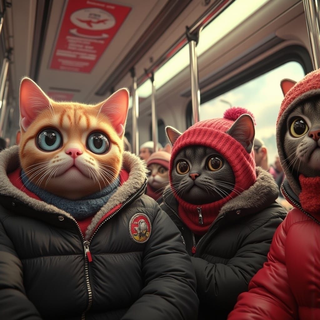 <lora:Cats on Rails:1.0> Anthropomorphic cats on a crowded train wearing winter clothes