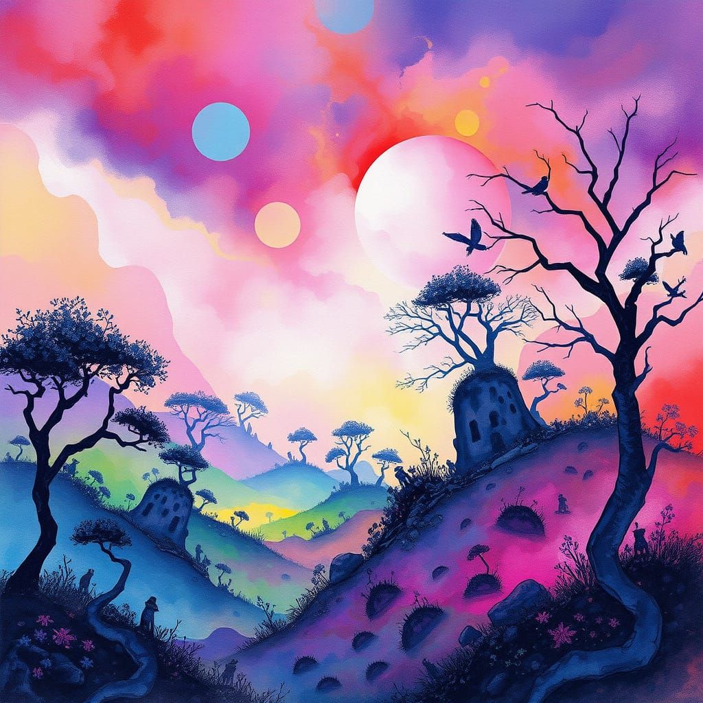 Intricately detailed atmospheric fantasy painting. Soft, diffused lighting filters through the canopy. A dreamlike, ethereal atmosphere. Vib...