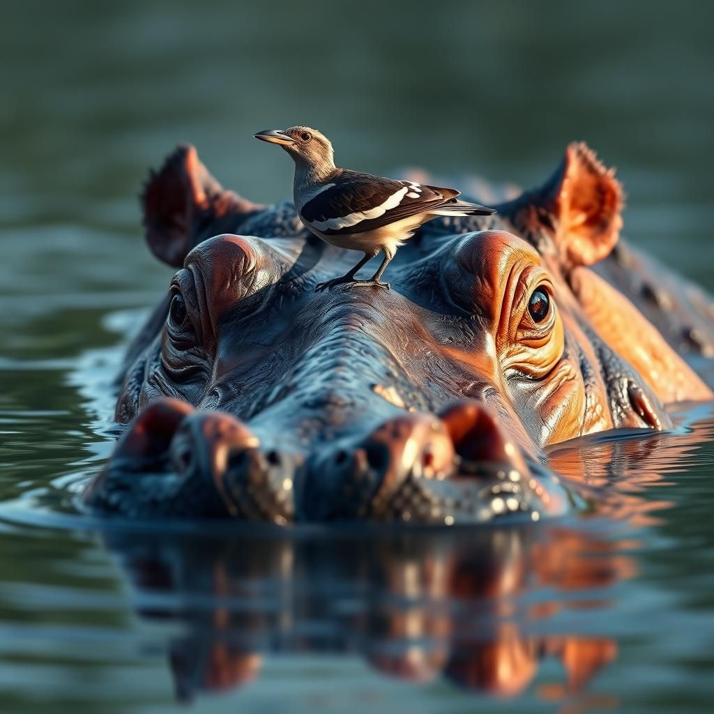 Hippopotamus and Oxpecker  by @rhadooss