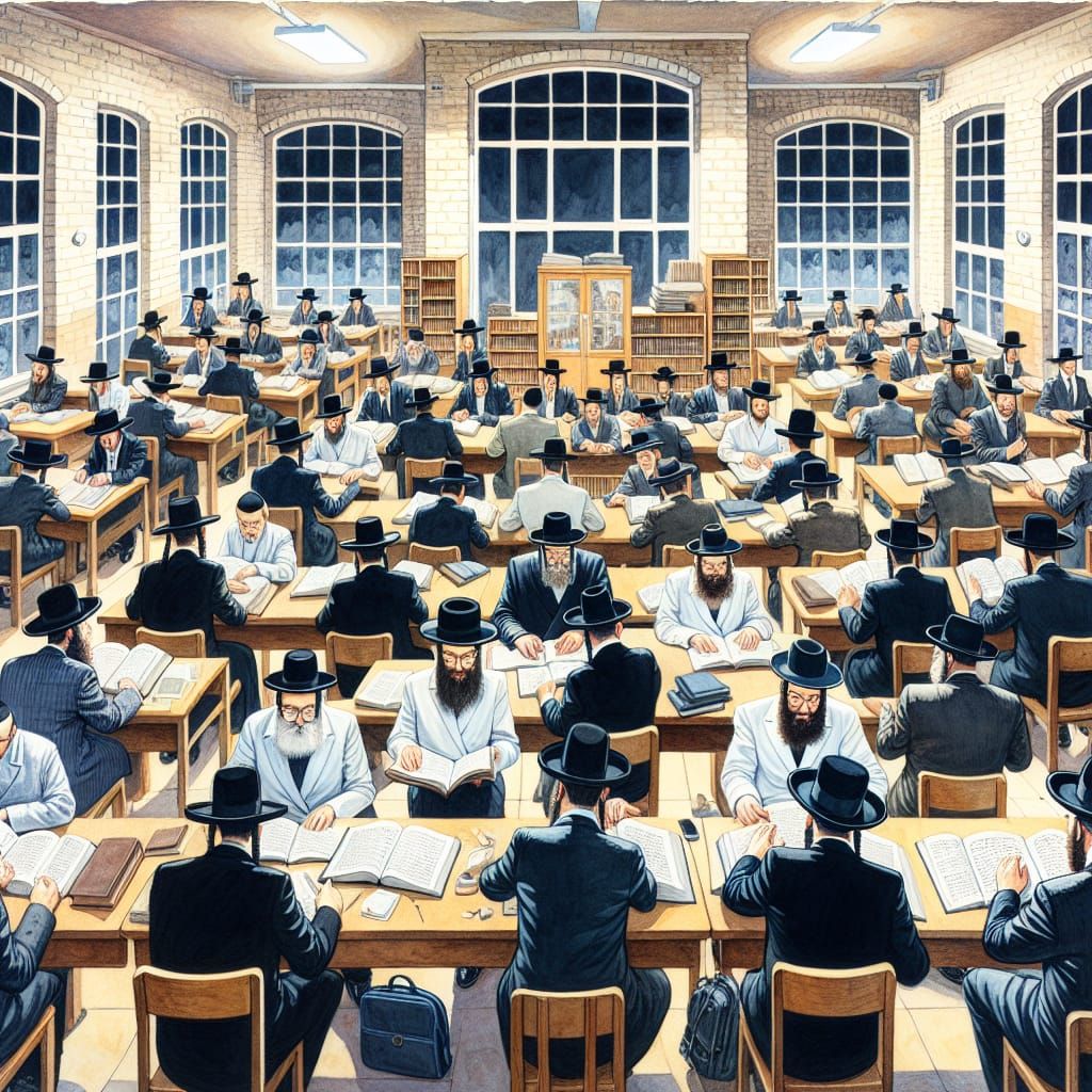 ציור מפורט בצבעי מים של בית מדרש מלא ביהודים חרדים שיושבים ו...