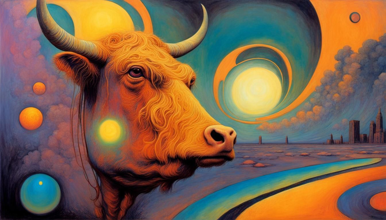 liminal space, surrealist, psychedelic cow wearing a silly h...