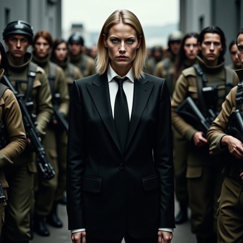 Female Maffia boss in front of modern army. Detailed face. Golden hair. <lora:Detailed realism:1.0>