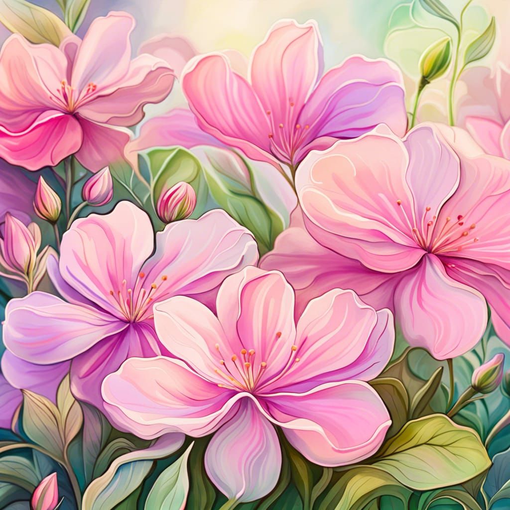 a group of pink flowers arranged in a lush garden