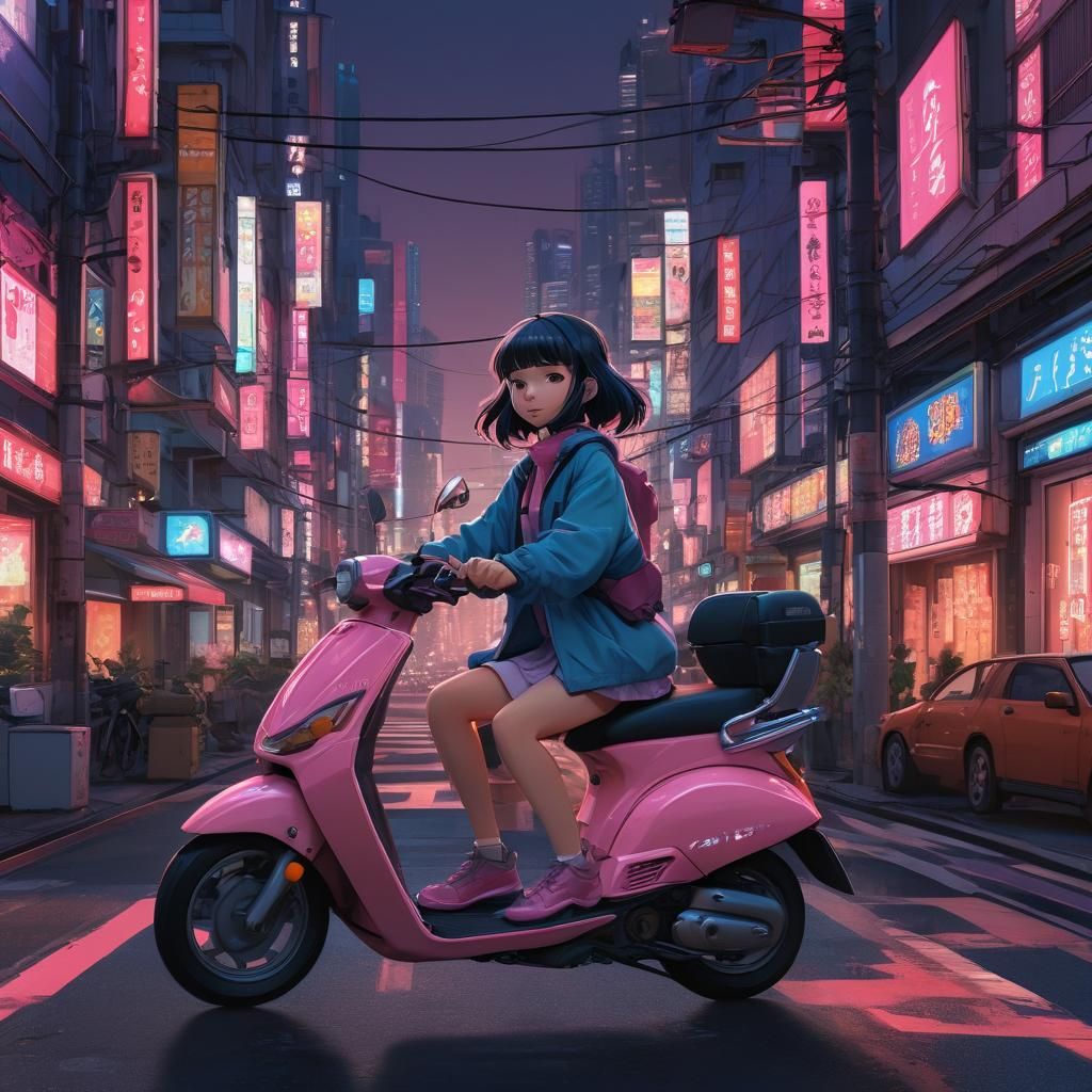 Girl Rides Scooter Through Tokyo in Anime Style