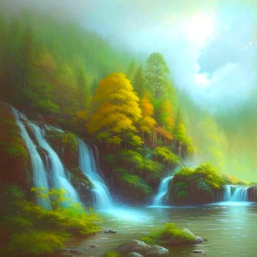 Hippie Man on Mountain with Waterfalls and Deer Oil Painting