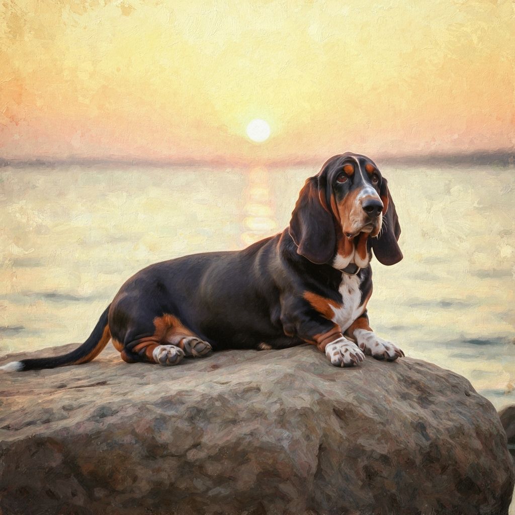Black and brown basset hound is lounging on a rock. ethereal painting. The style is reminiscent of J.M.W. Turner's atmospheric seascapes and...