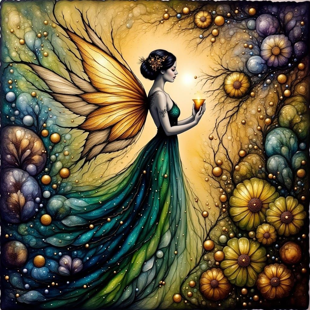 GILDED (FOREST FAIRIES:1.9), Shimmering Abyss, Rice Paper, Wax Resist, painted shadows, Gustav Klimt, ALPHONSE MUCHA <lora:FullColor Flux:1....