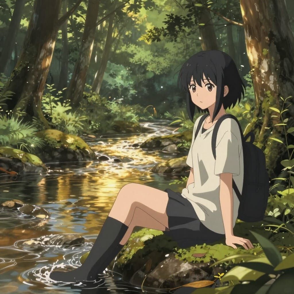 Anime Woman by Golden Forest River