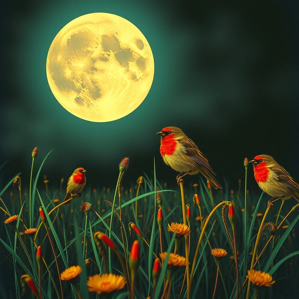 Hyperreal full moon, meadow, Caricatured Sparrows, anaglyph colors, spectral texture, dieselpunk, Felice ...  by @SwissArtisan