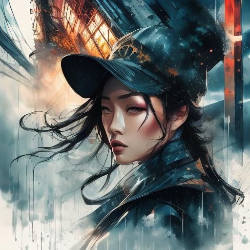 <lora:Doublex portrait DS8:1.0> Beautiful girl, rain dewdrop, moving train, Double exposure portrait, intricate, highly detailed, manhwa, tr...