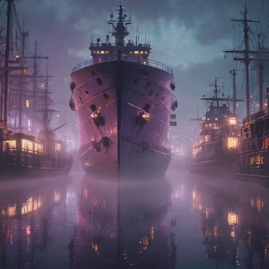 Neon-Lit Cyberpunk Harbor with Giant Ships