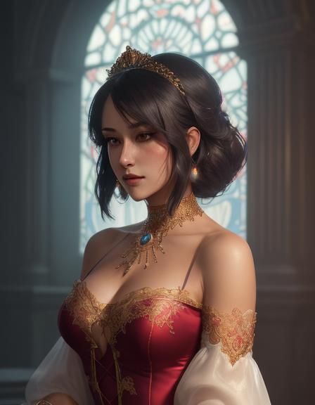 Princess Belle, wearing a stunning Bordeaux red one-piece pr...