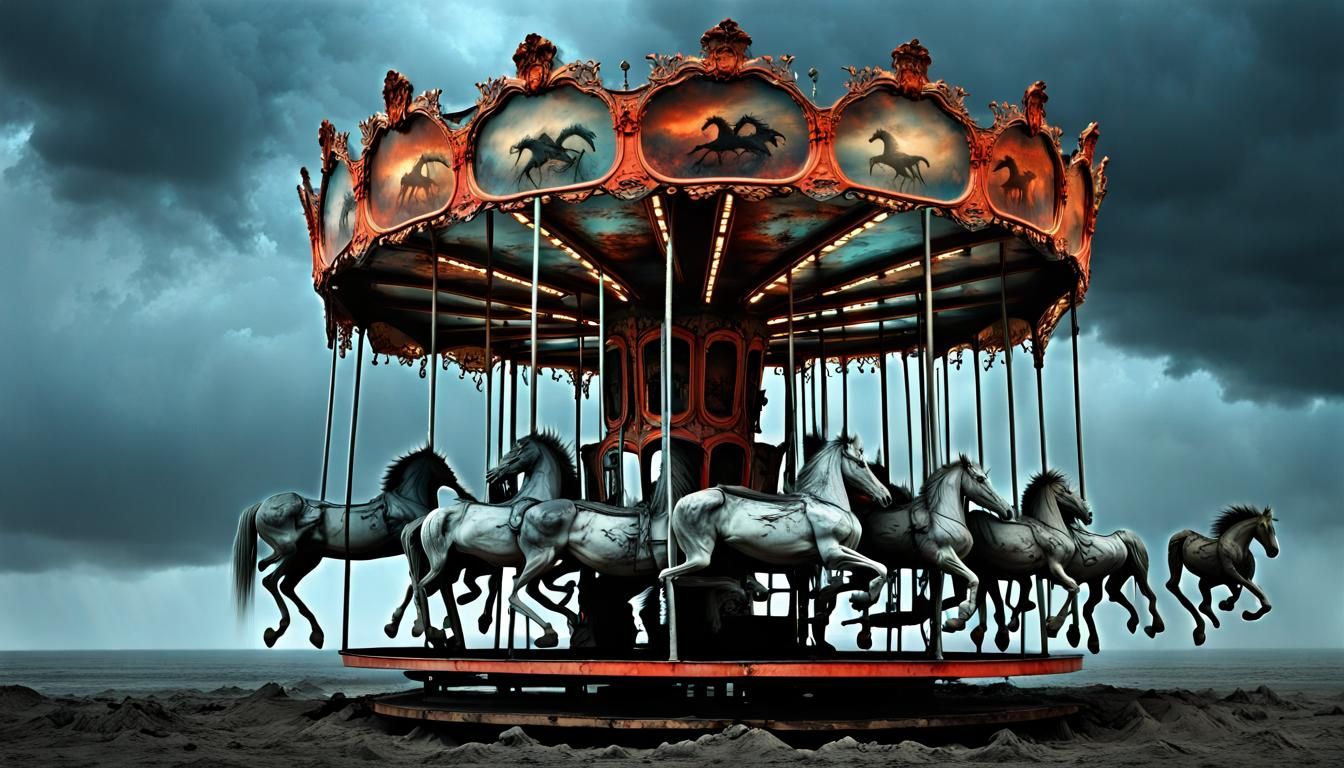 A shadowy figure standing in front of a dilapidated carousel at night.