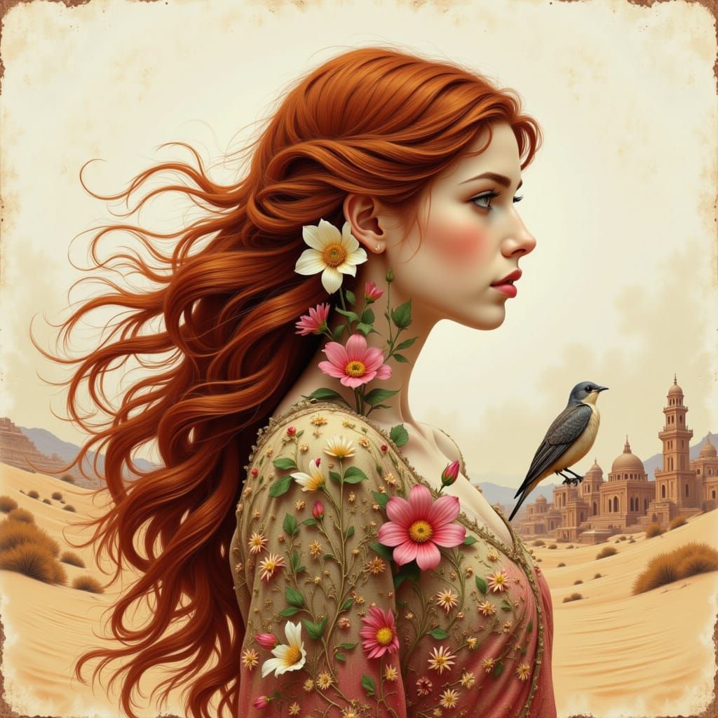 Ethereal Woman with Ancient City Silhouette in Desert Dawn