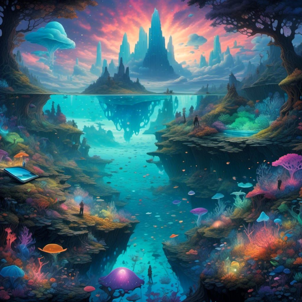 <lora:magination v1:1.0> Envision a fantastical landscape where the sky is a canvas of bioluminescent colors, reflecting in a crystal-clear,...