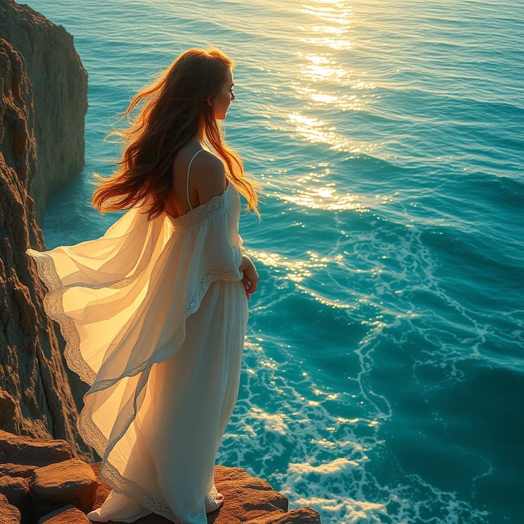 Serene Maiden Overlooking Turquoise Ocean at Sunset