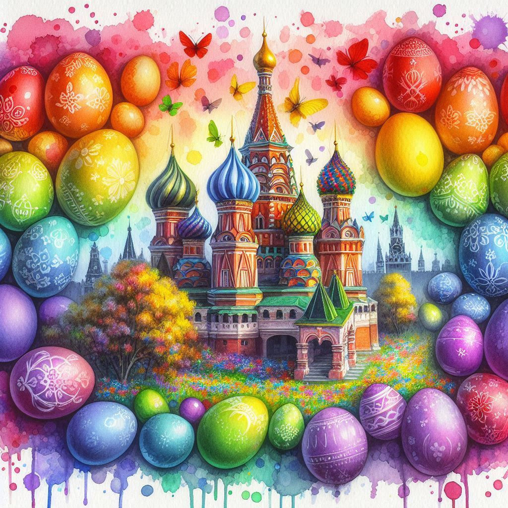 Russian Castle surrounded by Multicoloured Easter Eggs