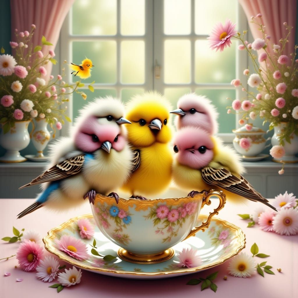 <lora:My-Teacups:1.0> Oil painting of three little very pretty birds with coloured yellow and pink and white feathers sitting, sharp focus, ...