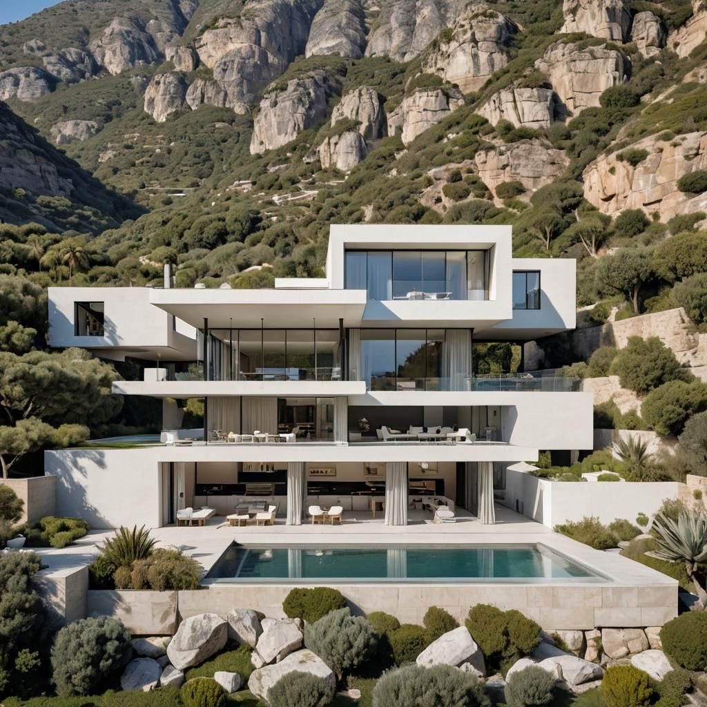 a big low white one-storey villa with a flat roof in the sty...