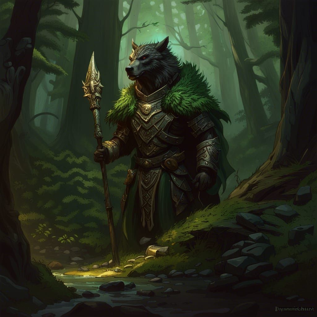 dragonborn, druid, paladin, green, forests, cape, short spear, robes, leather armor, 