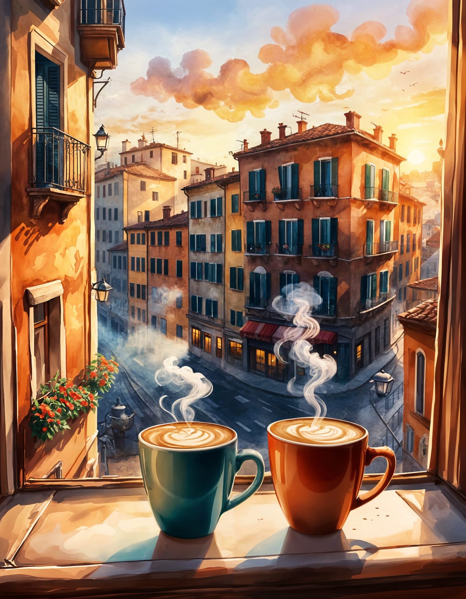Two coffee cups on a window