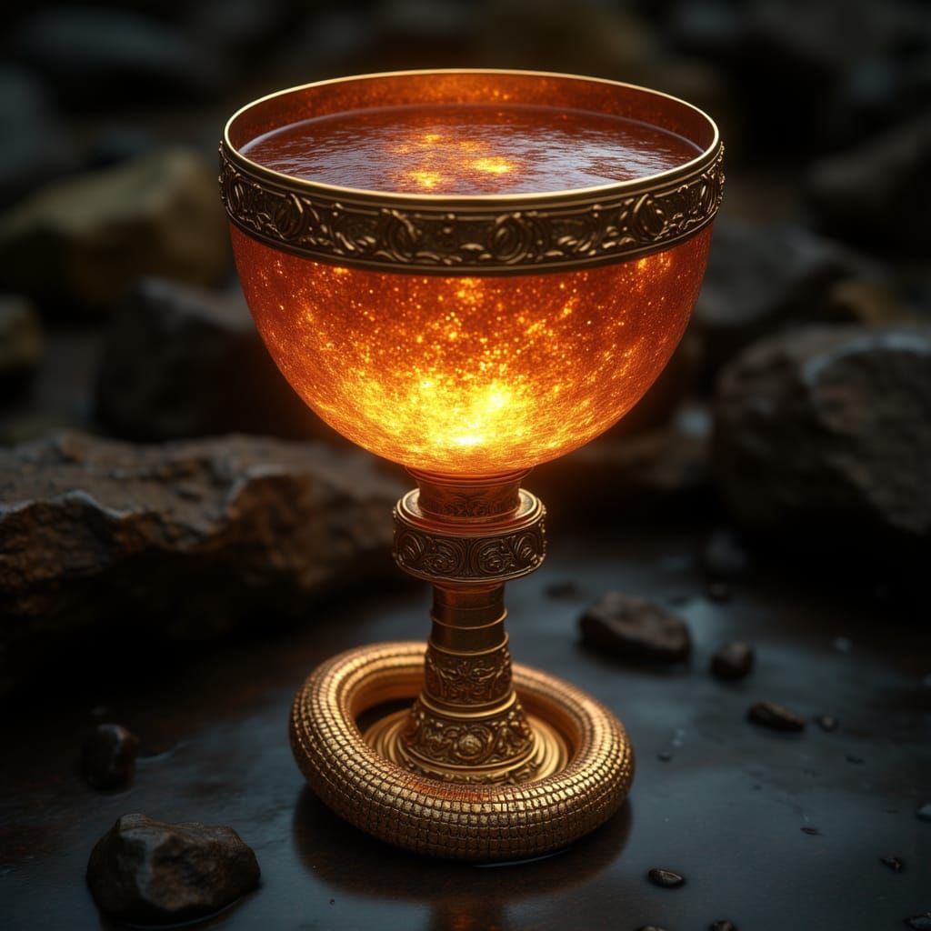 <lora:Hyperreal Fantasy:1.0> Chalice filled with liquid starlight, rim wrapped in serpent gold; ultra-sharp focus, pin-sharp detail, photor...