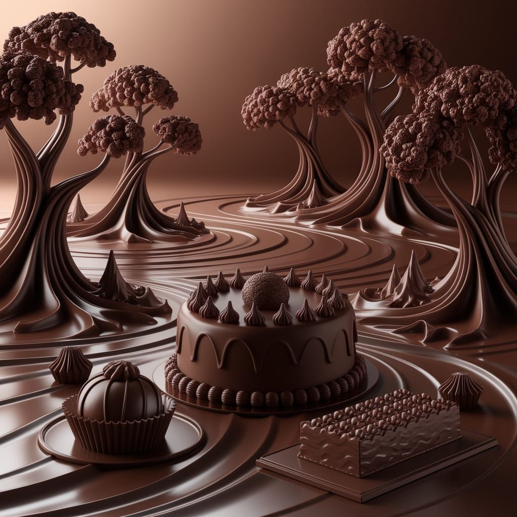 A towering chocolate sculpture melting under soft lighting.
A fantasy scene made entirely of chocolate—trees, ...  by @Lintumilka Manonka