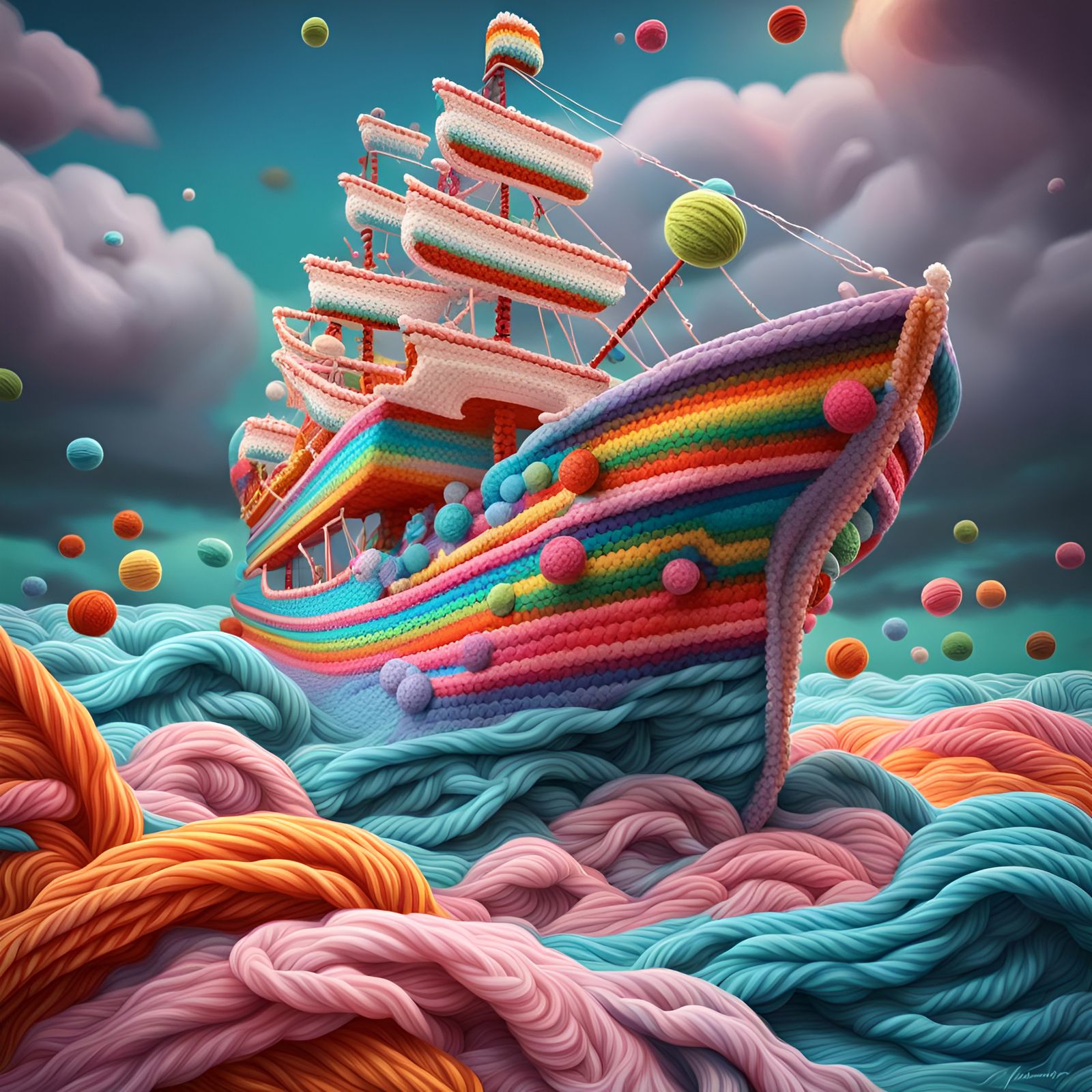 Ship on waves in a storm crocheted of yarn.  by @Hobgoggin 