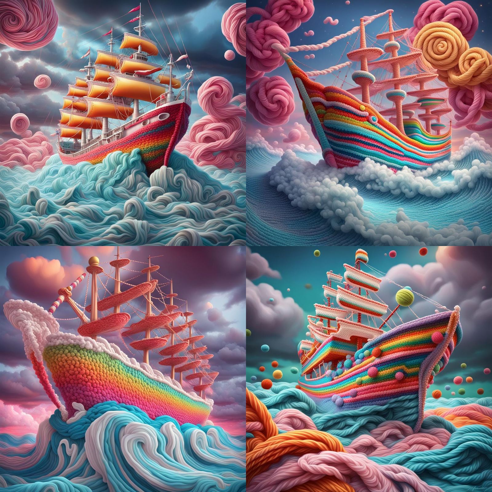 Ship on waves in a storm crocheted of yarn.