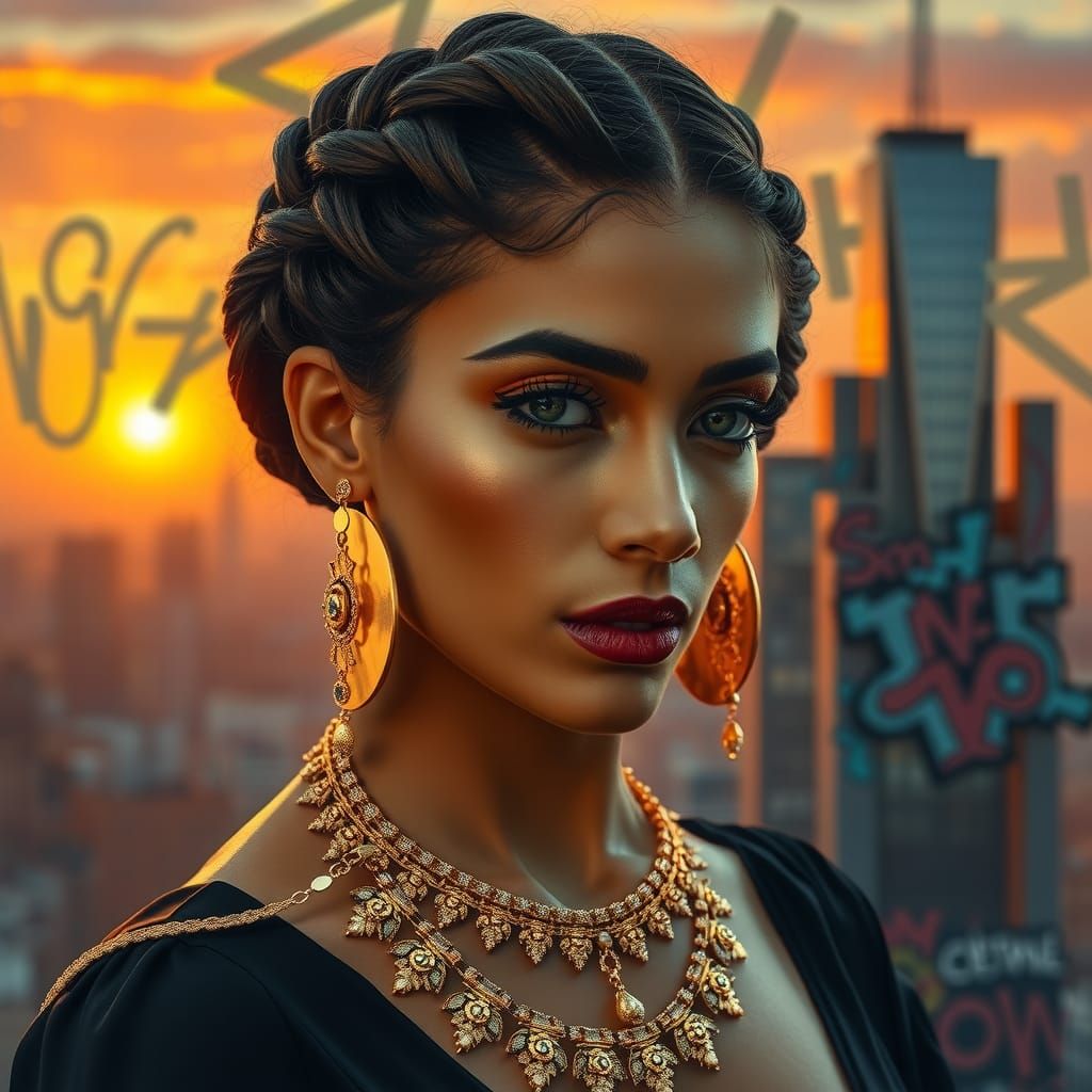 Beautiful woman with hair set up with gold jewelry Hyperrealistic, splash art, concept art, mid shot, intricately detailed, color depth, dra...
