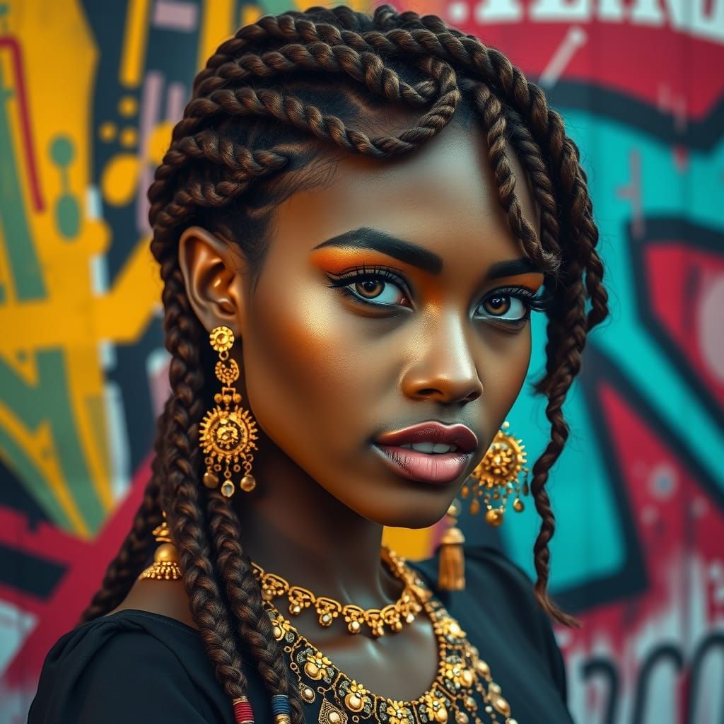 Beautiful woman with hair set up with gold jewelry Hyperrealistic, splash art, concept art, mid shot, intricately detailed, color depth, dra...