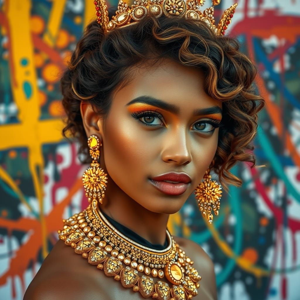 Beautiful woman with hair set up with gold jewelry Hyperrealistic, splash art, concept art, mid shot, intricately detailed, color depth, dra...