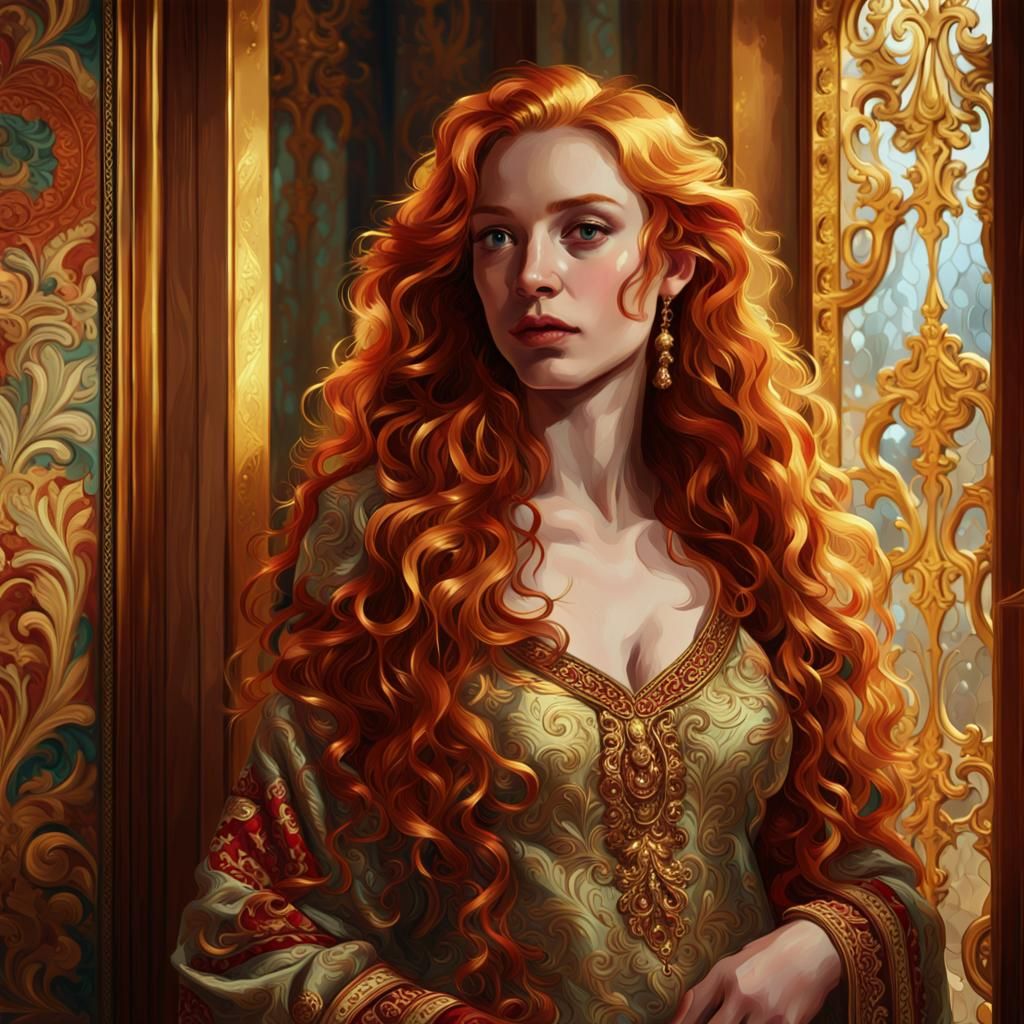 Highly stylized and detailed portrait of a woman standing in an opulent interior setting. The subject has long, wavy red hair cascading over...