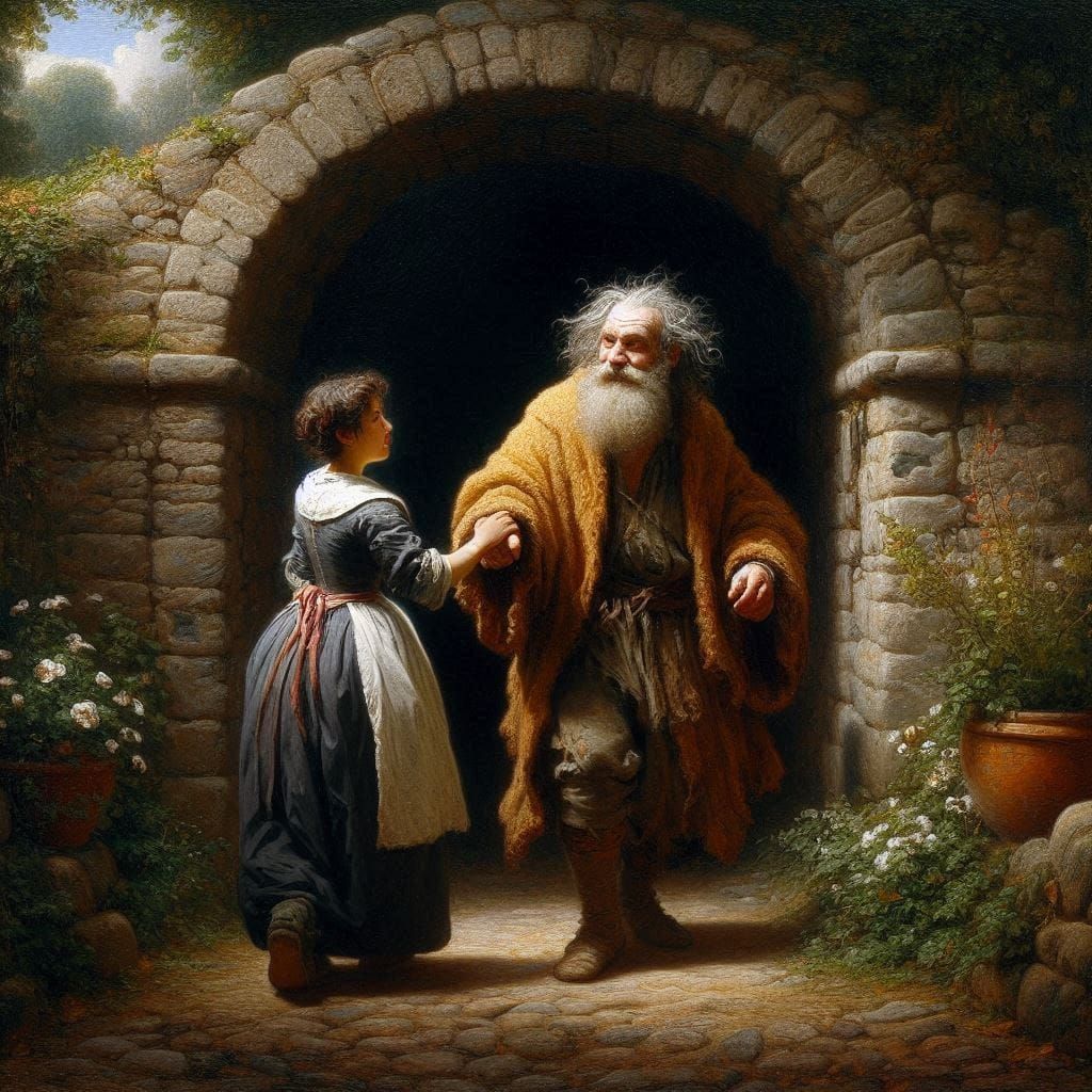 She lead the dishevelled old hermit into a lush green garden...