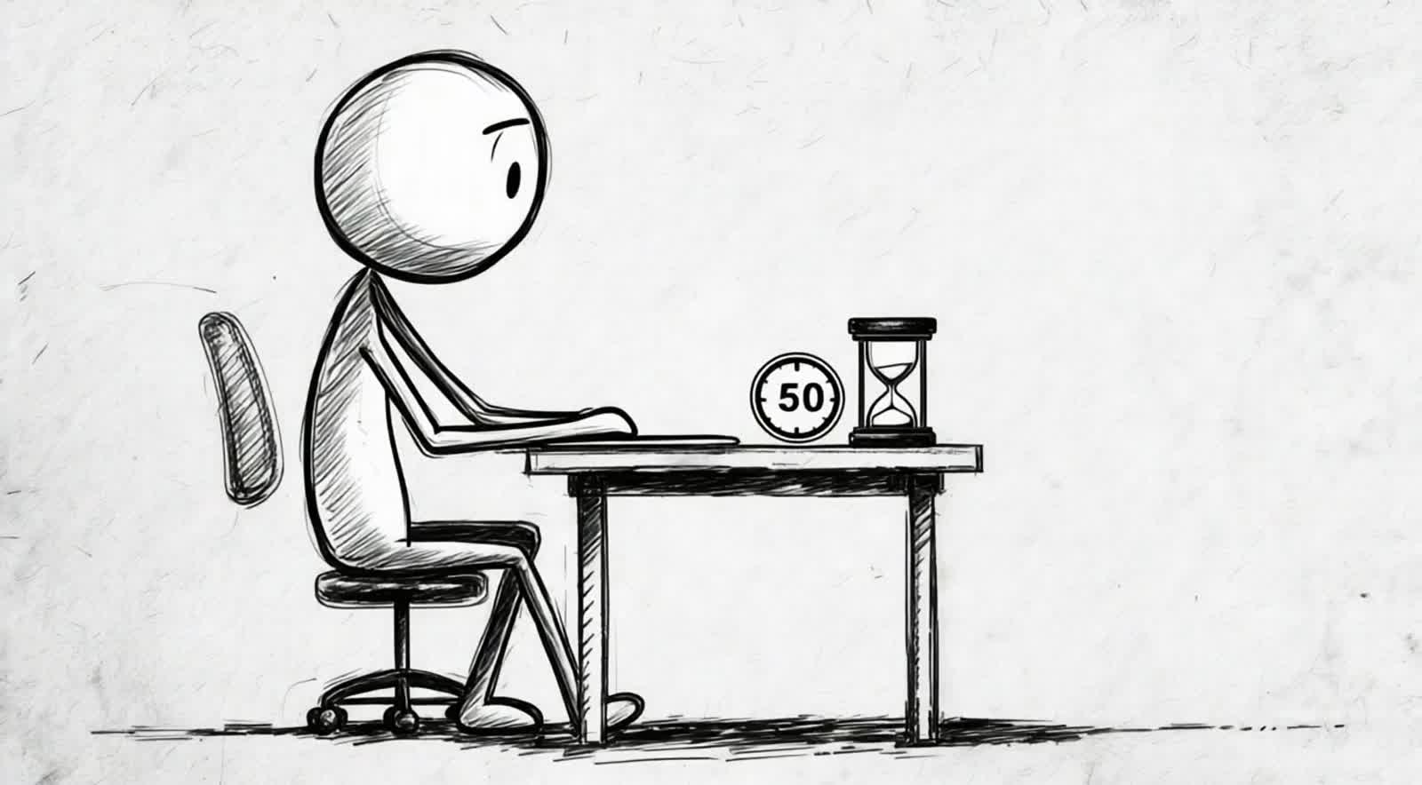 Sketch of a simple stick figure on a rough-textured paper background. The character has a rounded head and slender limbs...