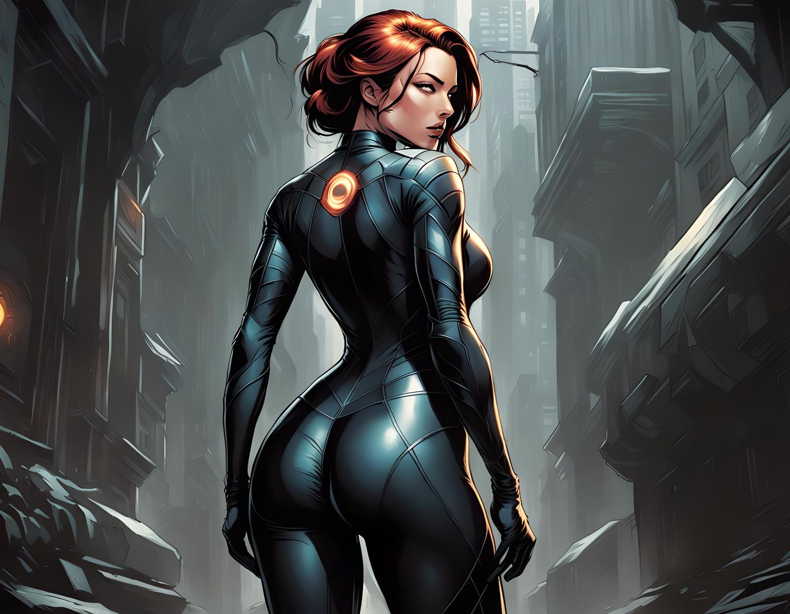 Young lady, backside, tight body suit