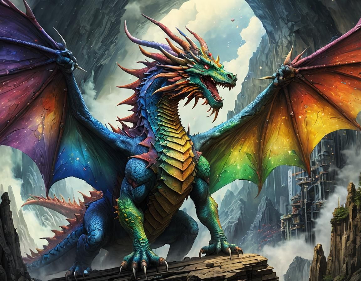 most epic badass giant rainbow dragon with two wings