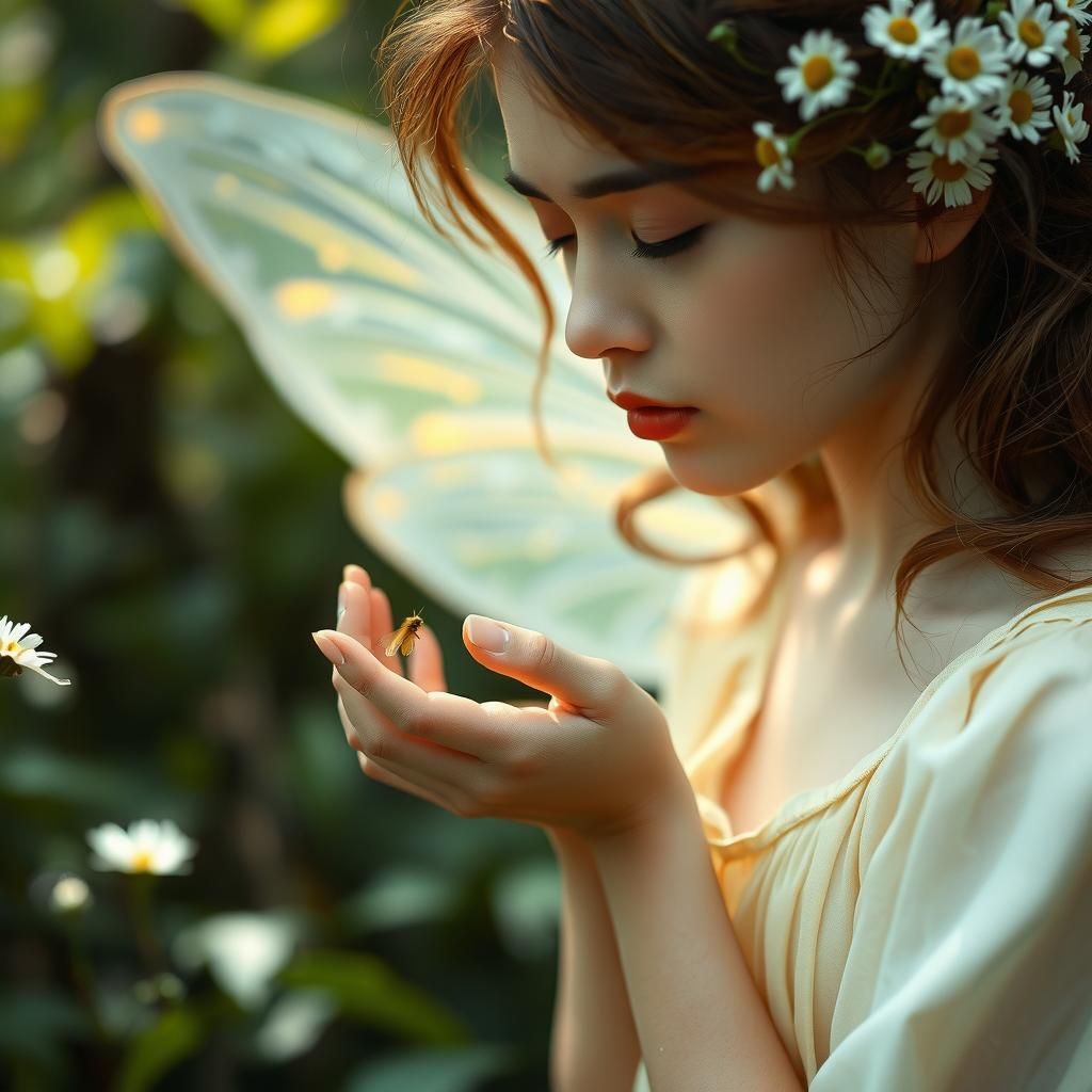 (Ethereal photography by Tim Walker:1.8) closeup of a female fairy with translucent wings in a dying forest. (Fairy dust bokeh across her ar...